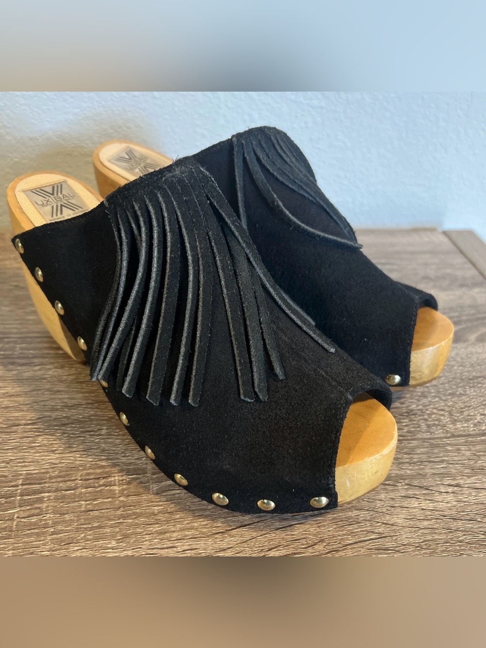 Women’s black suede clogs with fringe & studs by Uxibal size 8